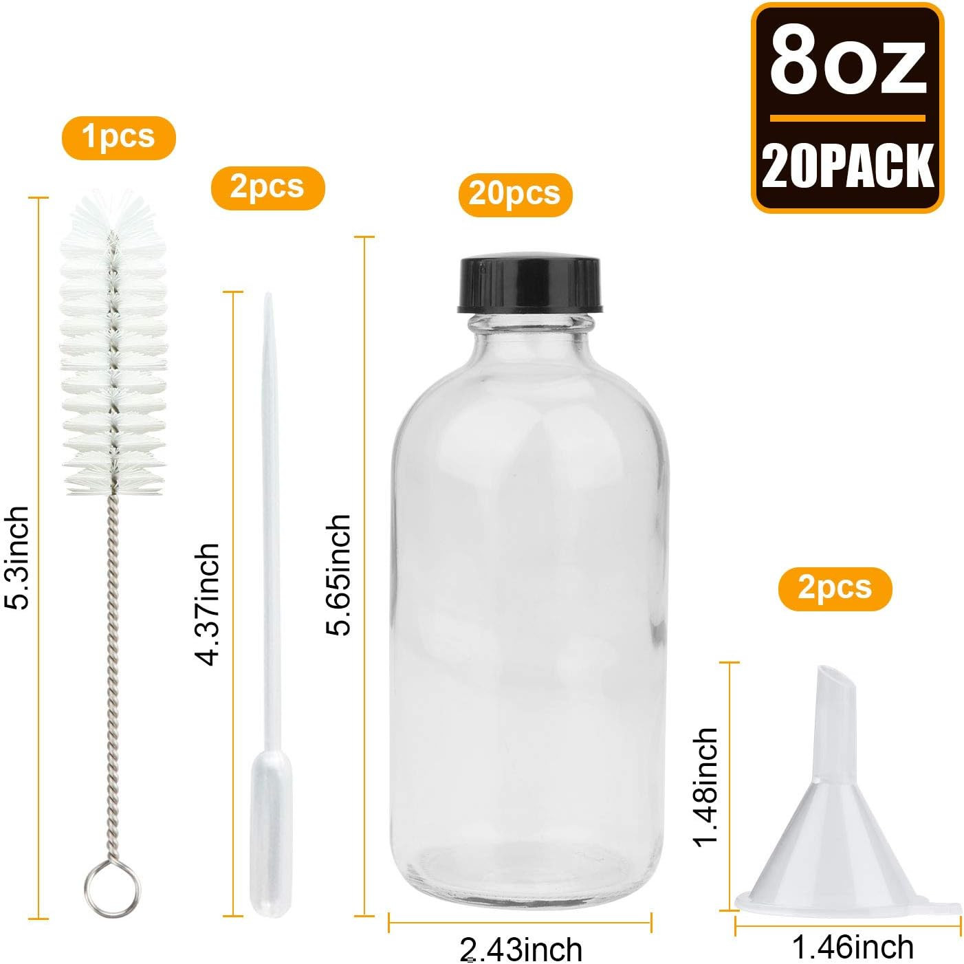 8Oz Clear Glass Bottles, 20 Pack Glass Storage Bottles with Black Lids (20 Label