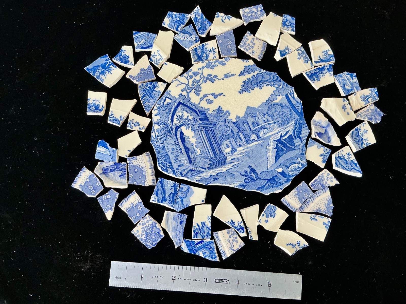 Broken China Mosaic Tiles Blue & White 50+pcs & Lg Focal pc ~English Abbey Scene