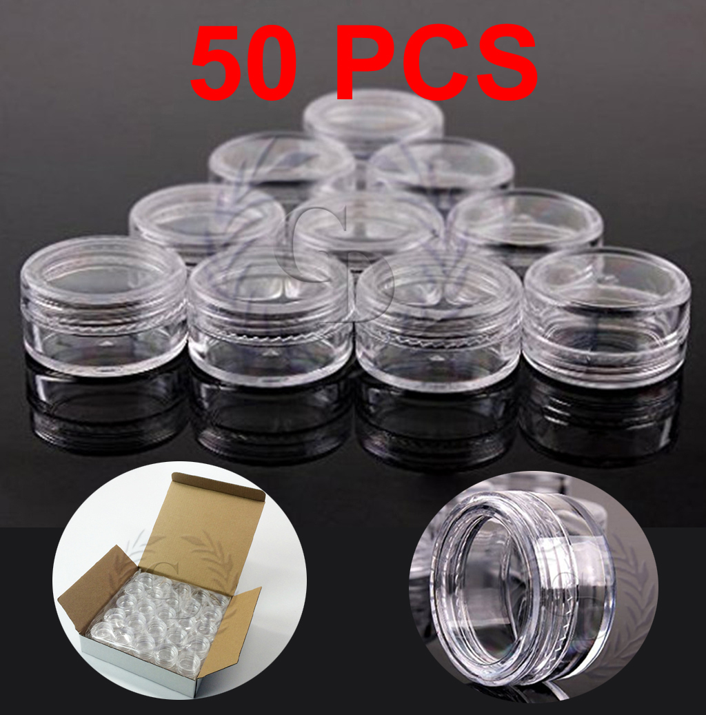 50 Clear Small 5g Grams/mL Plastic Jars for Cosmetic Sample Container Pot Cream