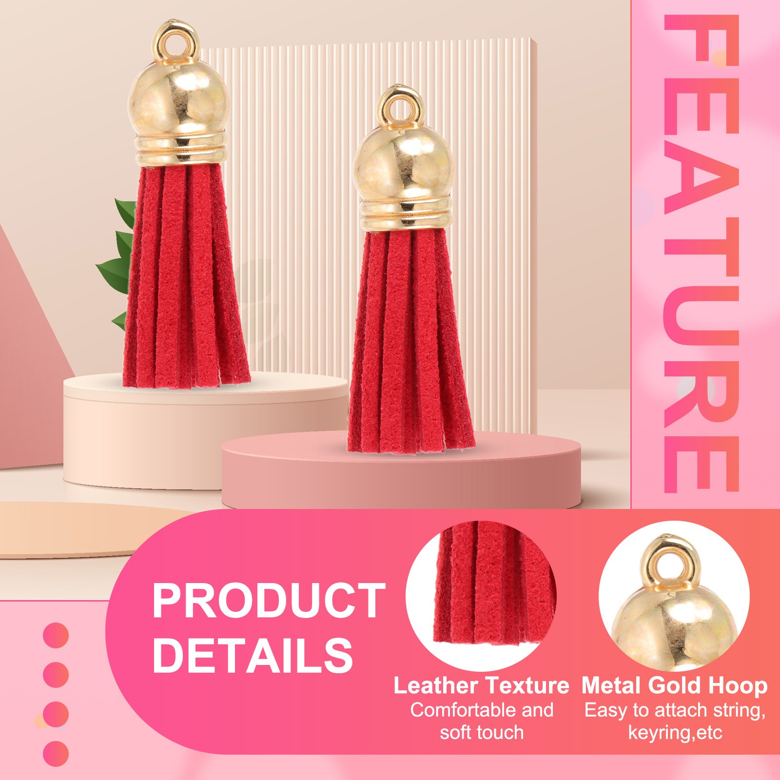 30Pcs Leather Tassels 1.5″ Faux Leather Suede Keychain for DIY Red