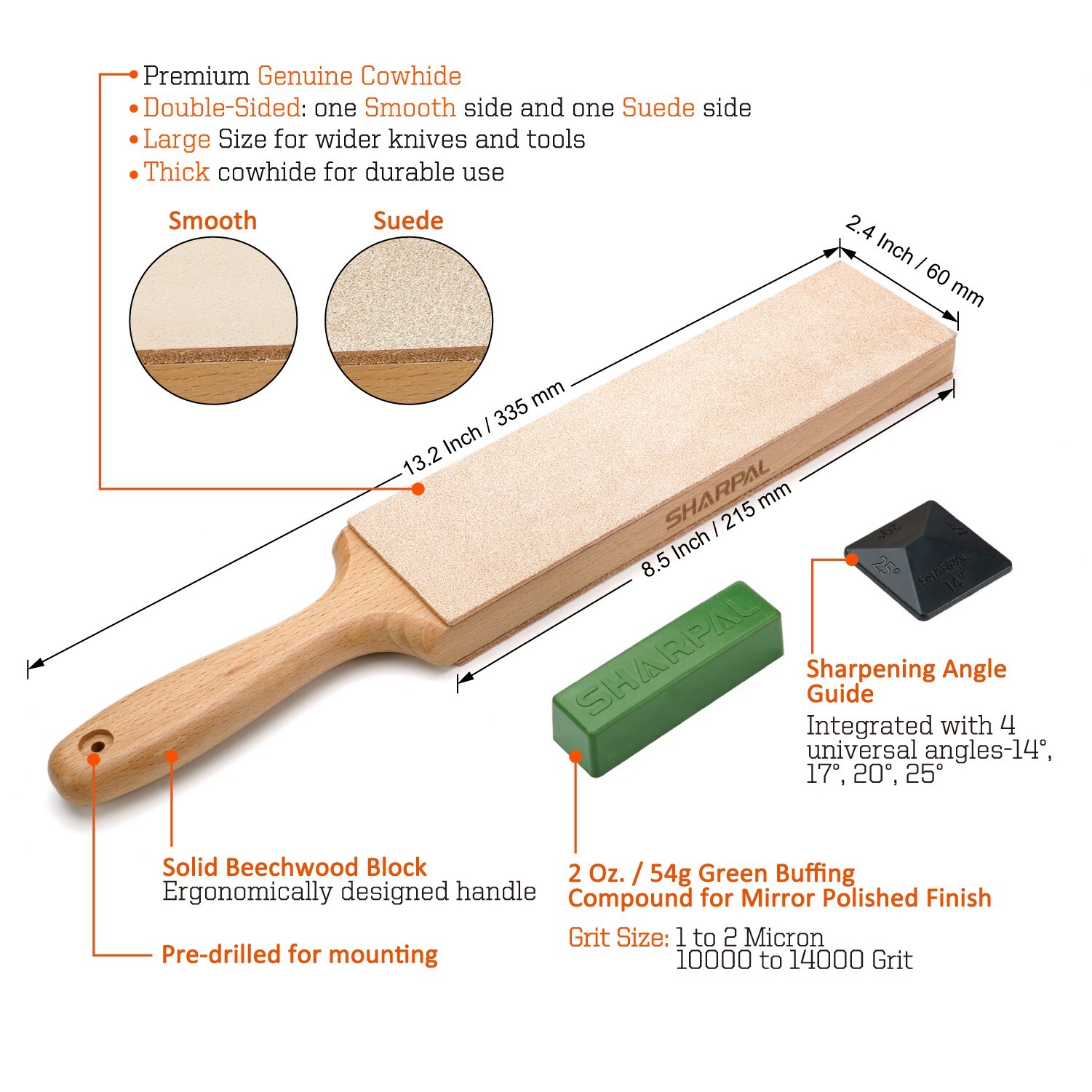Large Leather Strop (Genuine Cowhide) with 2 Oz. Polishing Compound&Angle Guide