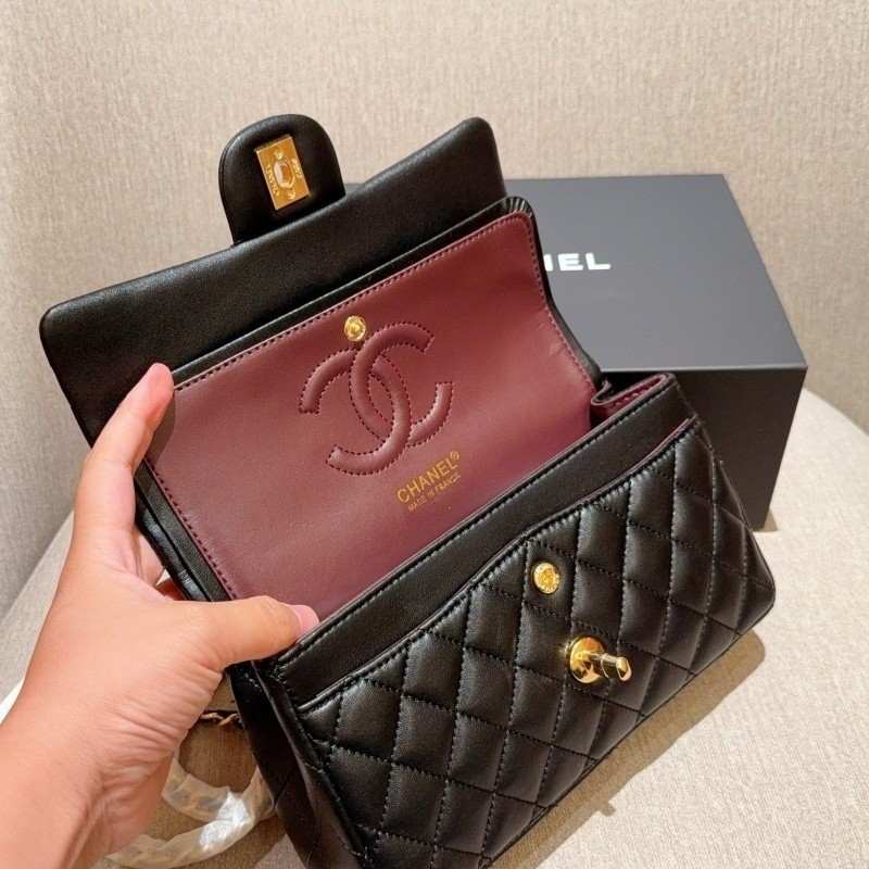 Classic Flap CF Leather Pattern Shoulder Bag with Stripes – Black Small Size