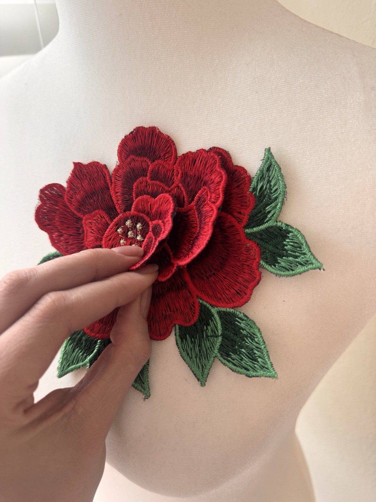 3D Red and Green Applique (1 Piece), Big Rose Glue on Patch Embroidered 6” X 5”