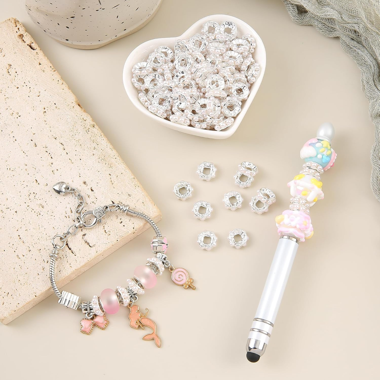 200PCS Large Hole Imitation White Pearl Spacer Beads 12Mm Silver Plated Rondelle