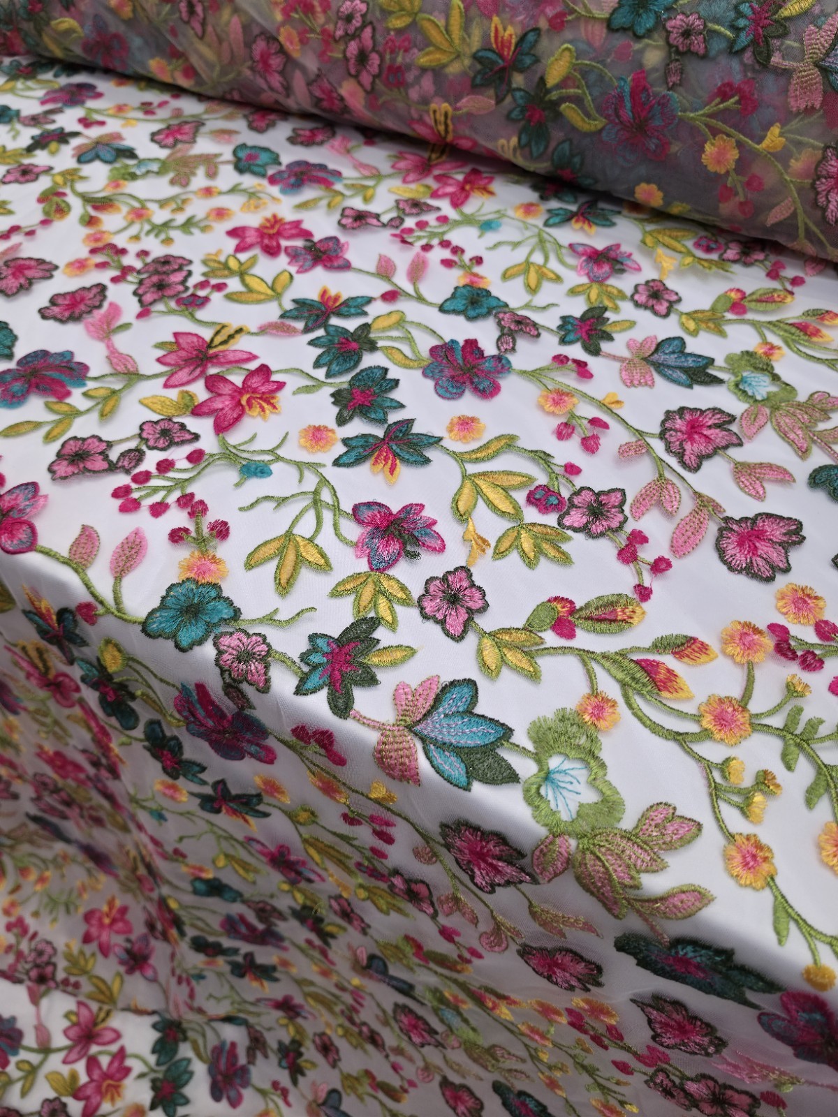 Fabric By The Yard Multicolor Lace Pink Fuchsia Embroidery Flowers On White Mesh