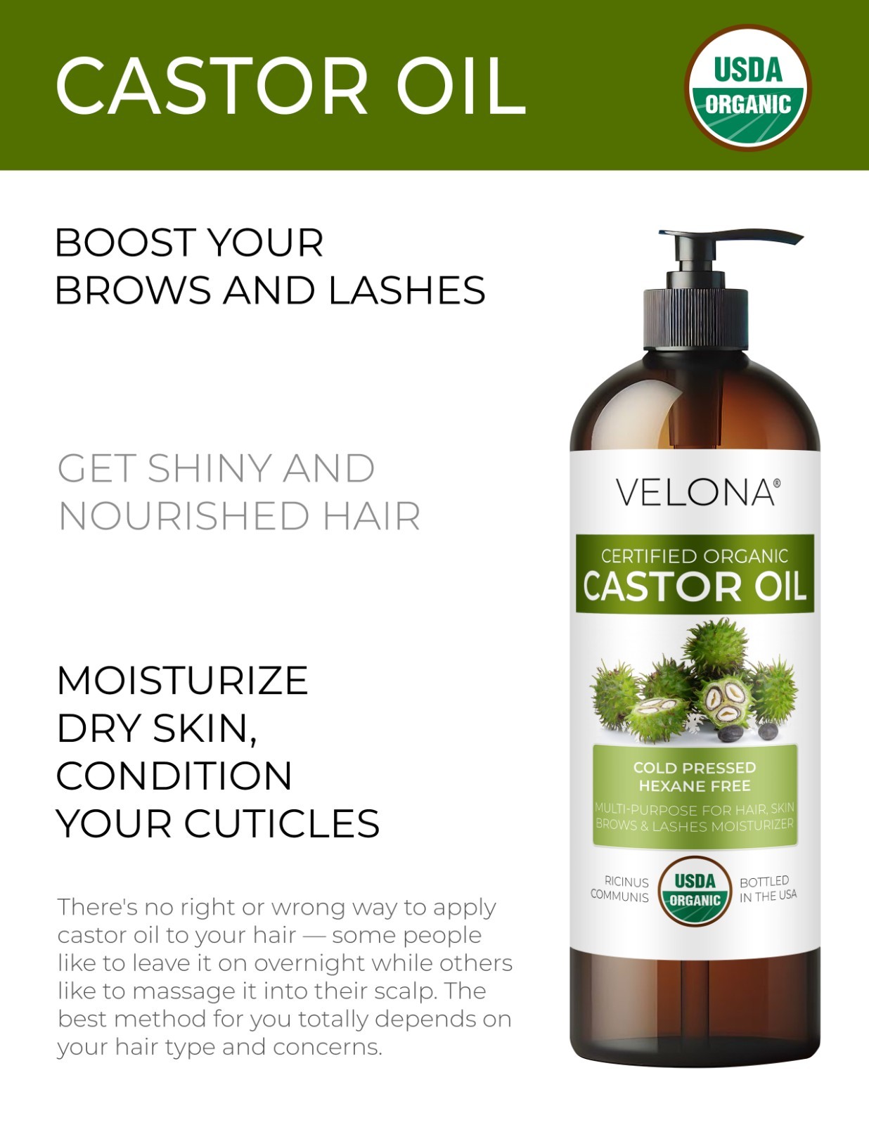 Velona USDA Certified Organic Castor Oil 2oz-7lb Eyelashes Eyebrows Cold Pressed