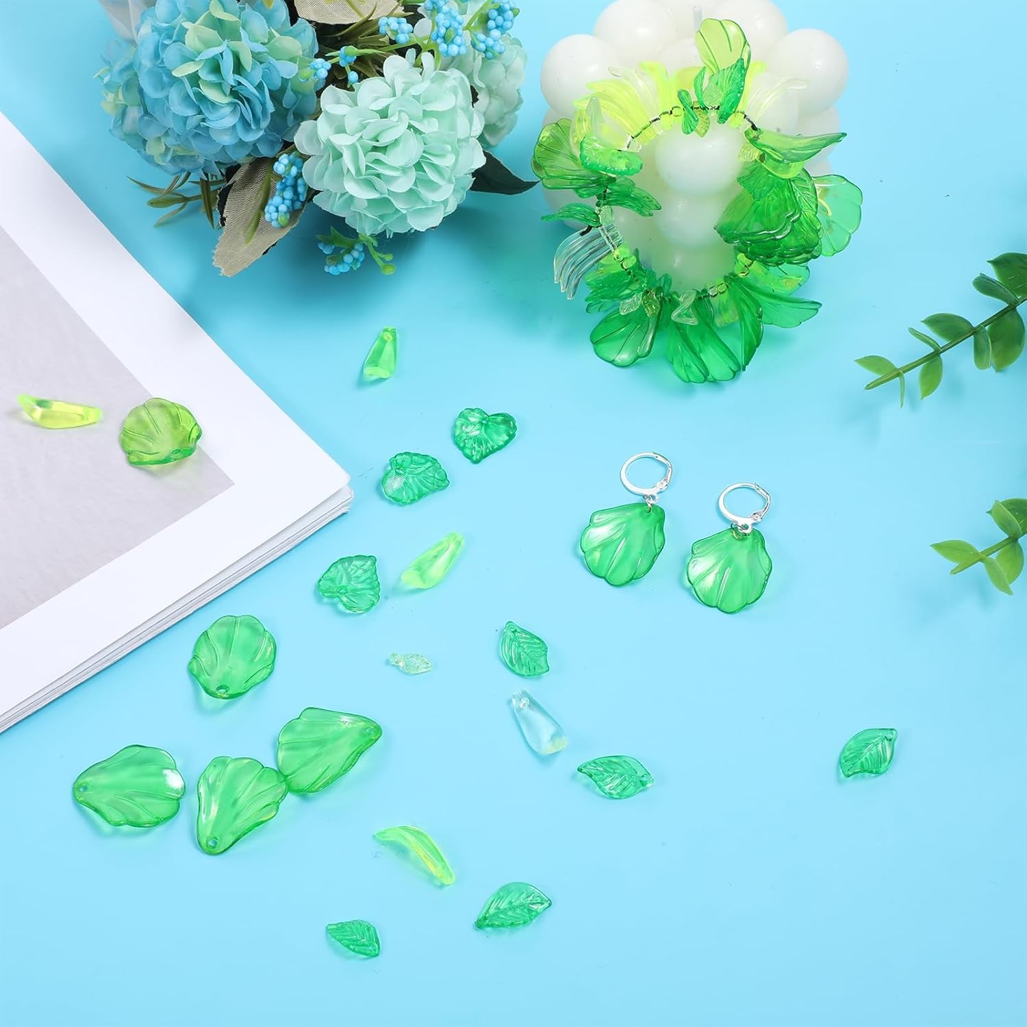 320pc Green Acrylic Leaf Beads Transparent Charms Jewelry Making DIY Earring 320