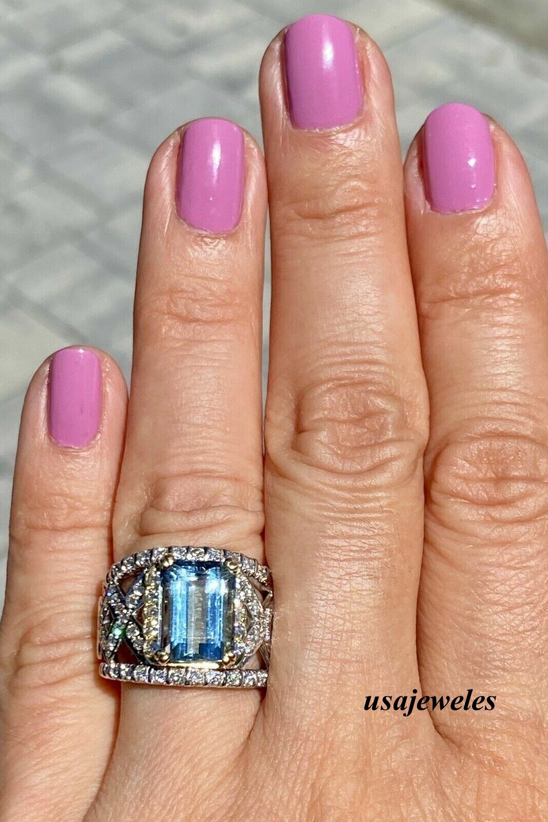 3.55CT Emerald Cut Real Aquamarine Huge Wedding Jewelry Ring 14K 2-Tone Gold FN