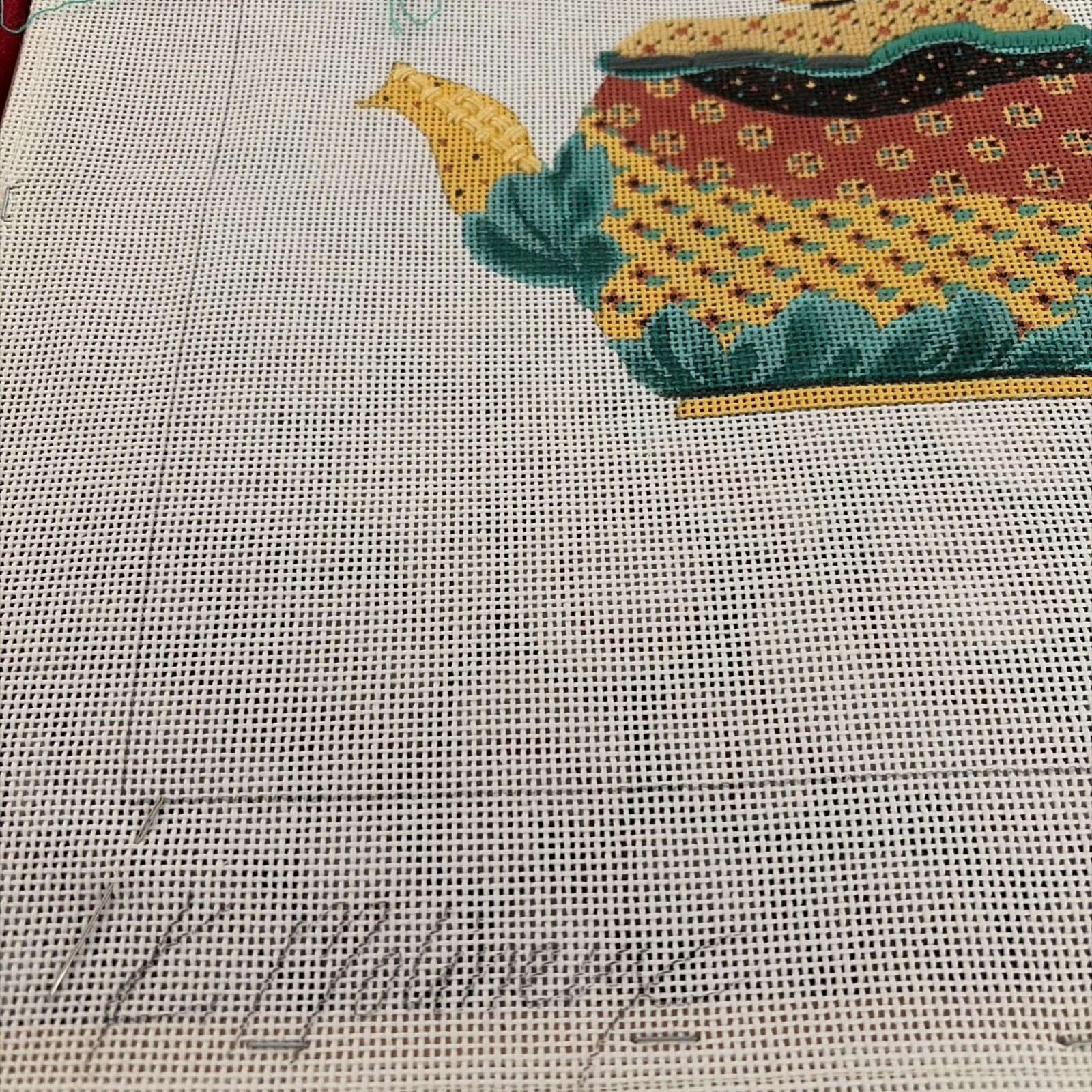 K MOLINEUX Needlepoint Hand Painted Canvas Started Tea Pot Green Flowers 13 Ct