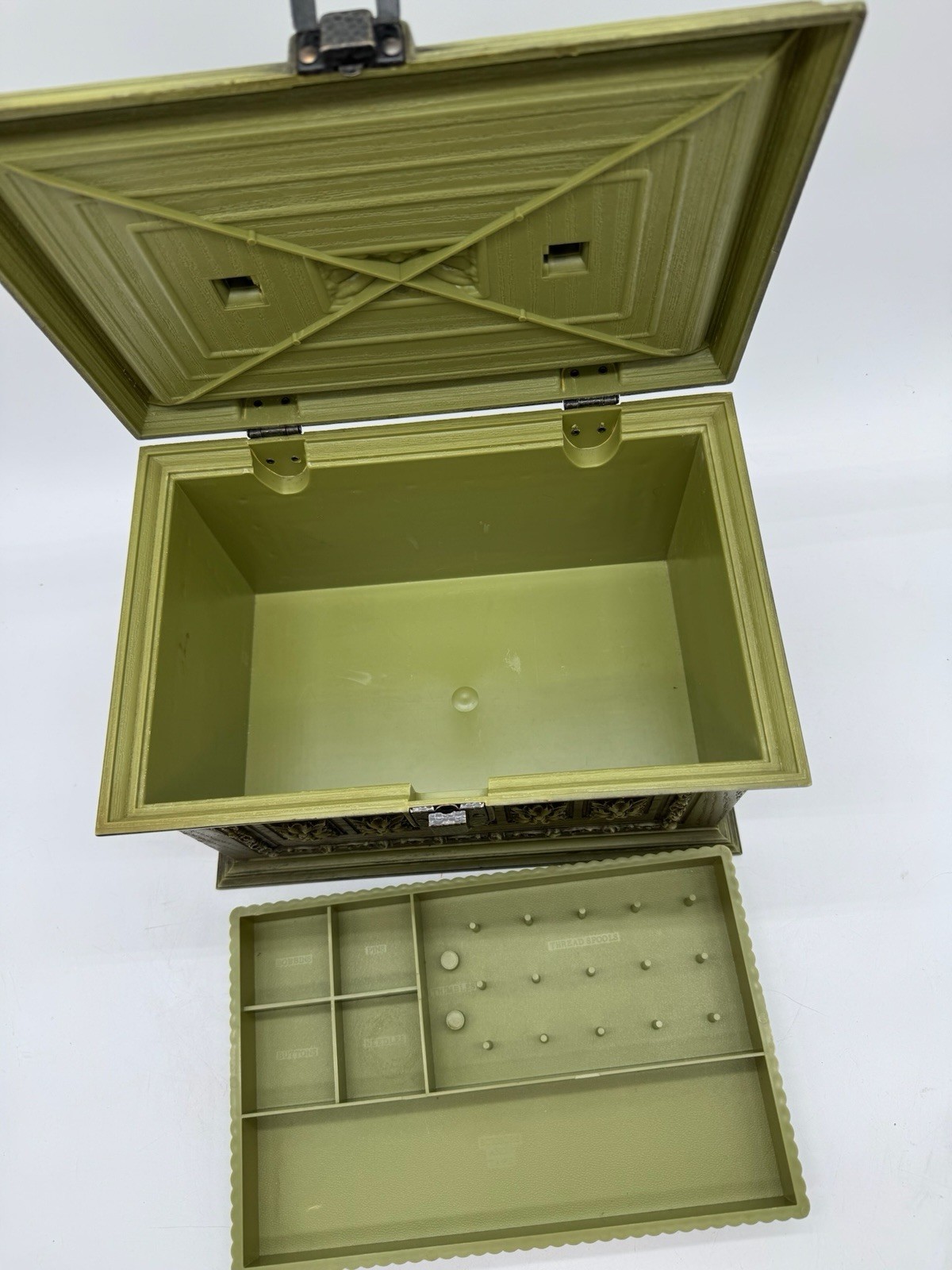 Vintage 1960s Max Klein Green Plastic Faux Wood Sewing Box Avocado Green MCM Box