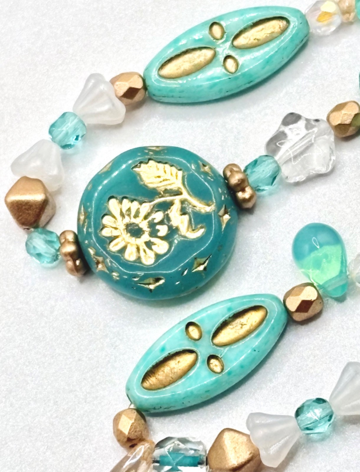 50 Czech Beads -ALL CZECH GLASS BEAD STRAND Turquoise/Gold Mixed Czech Glass Lot