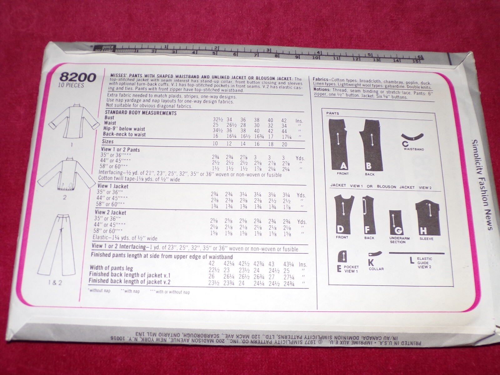🌼 1977 UNCIRCULATED SIMPLICITY #8200 – LADIES JACKET & PANTS PATTERN 12-16 FF