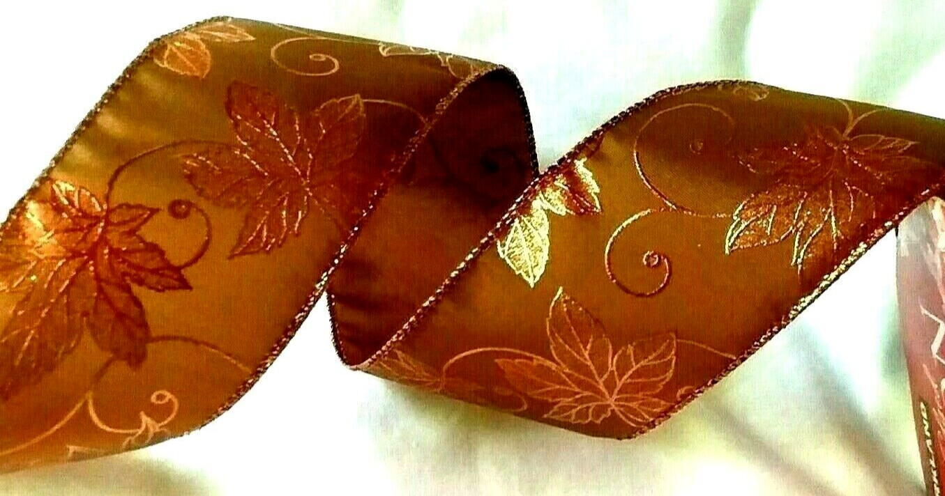Fall Copper Metallic Leaves 2.5″ by 5 yd Wired Ribbon Satin Kirkland Elegance