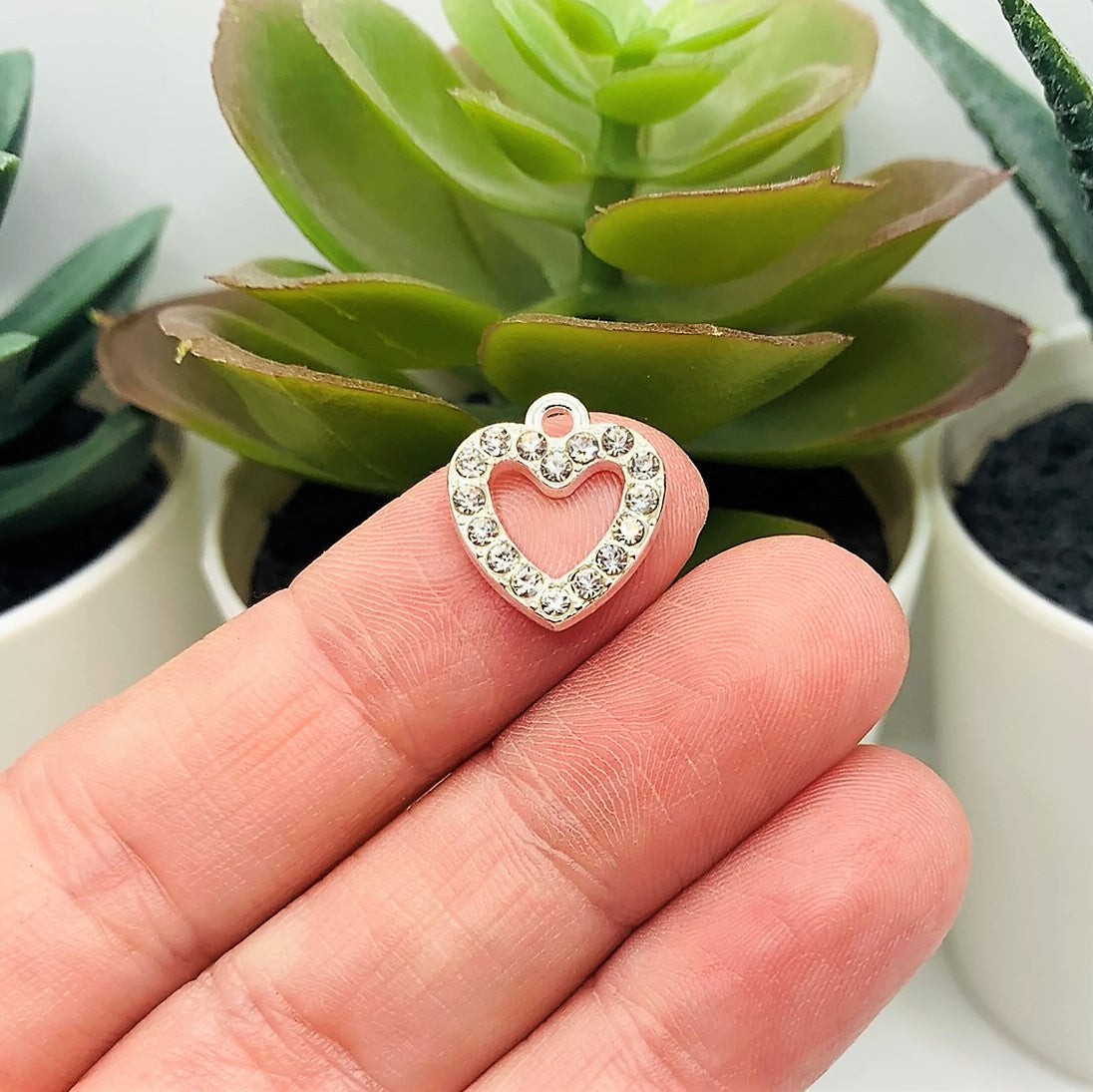 Silver Plated Rhinestone Heart Charms, 14x13mm – US Seller