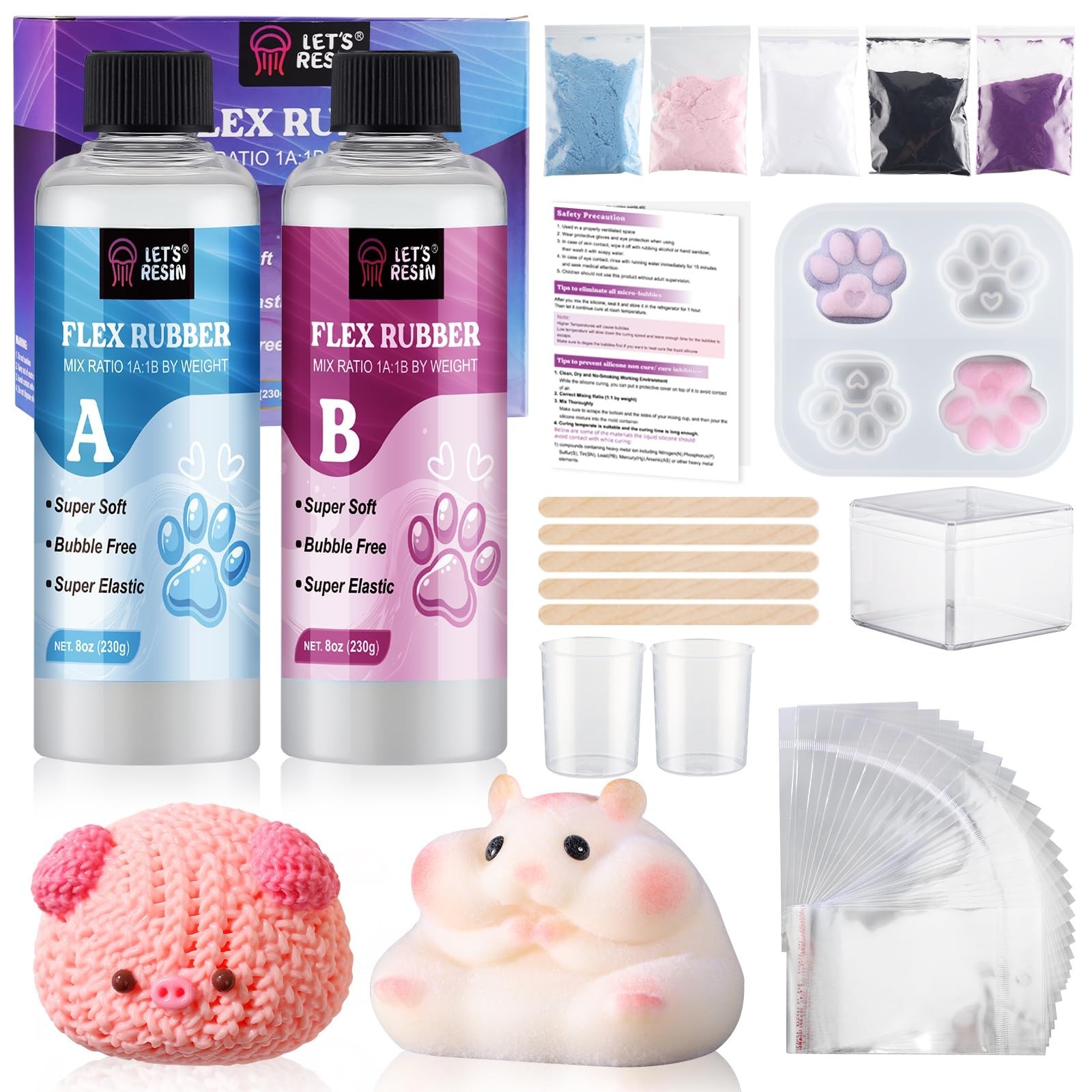 Super Soft Flex Rubber Gel for Squishy Maker, 16oz with Paw Molds & Flocking Pow