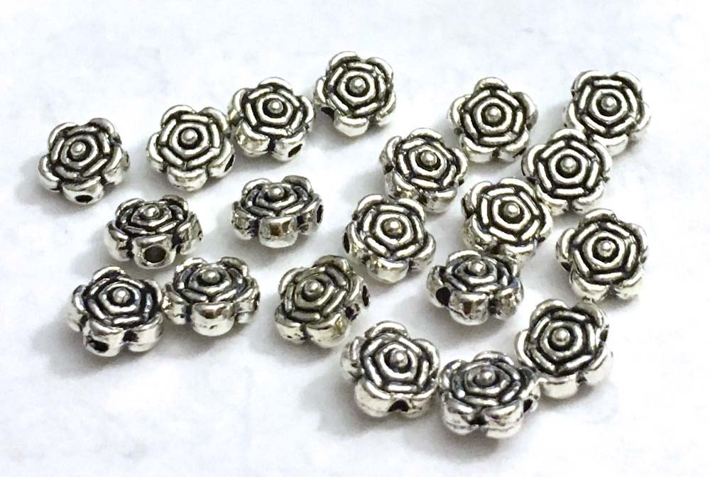 20 Antique Silver Pewter Rose Flower 6x4mm Beads design on both side