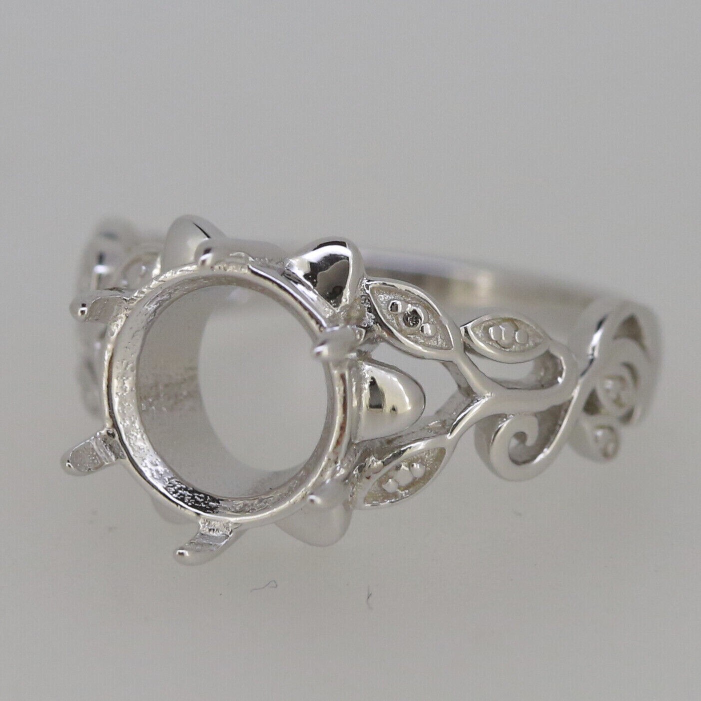 Art Nouveau Style Sterling Silver Semi Mount Ring Setting Round 10x10mm 5Gm