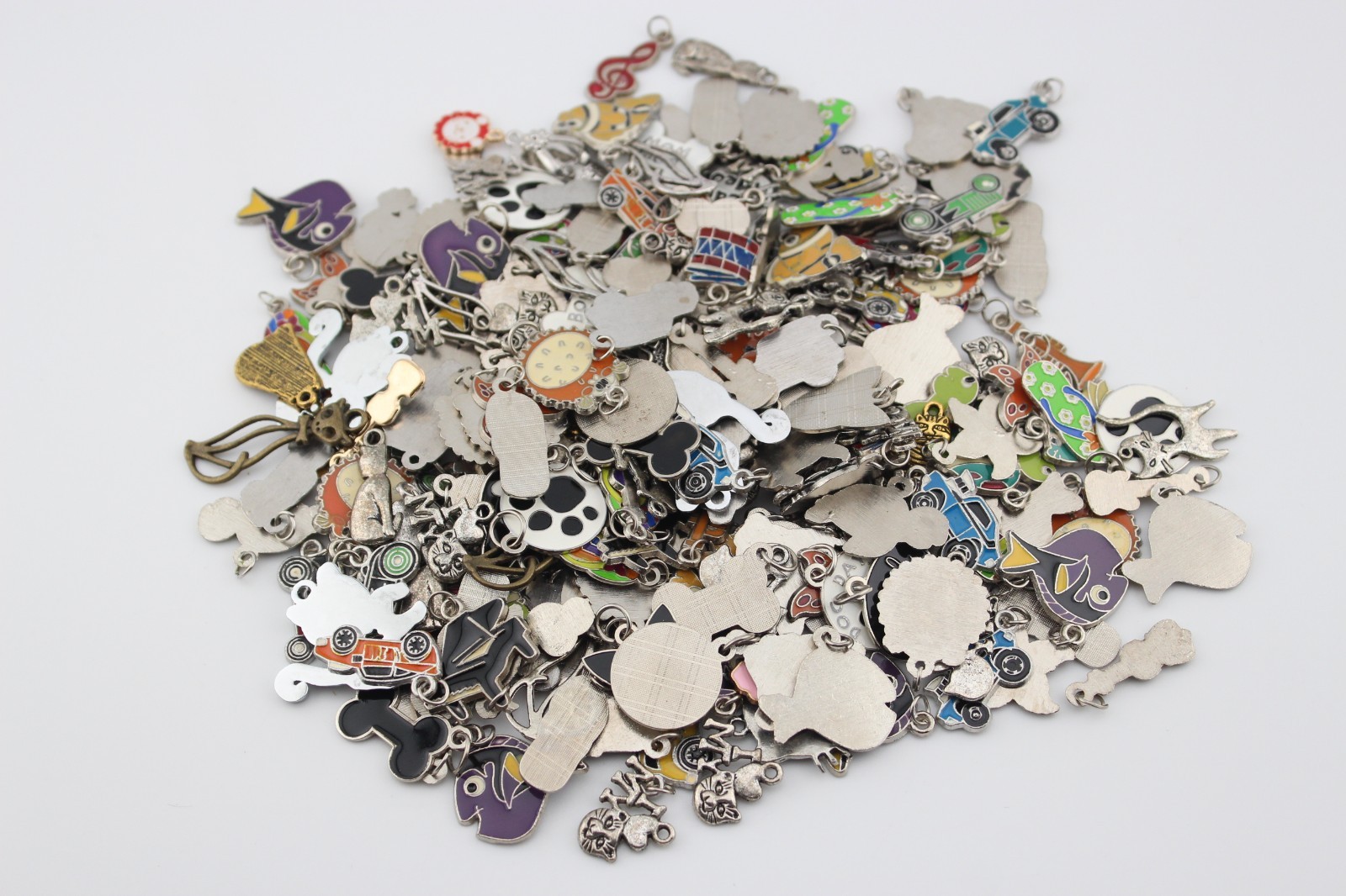 Lot of metal and enamel charms cats dogs instruments fish cars sandals 10.7 oz