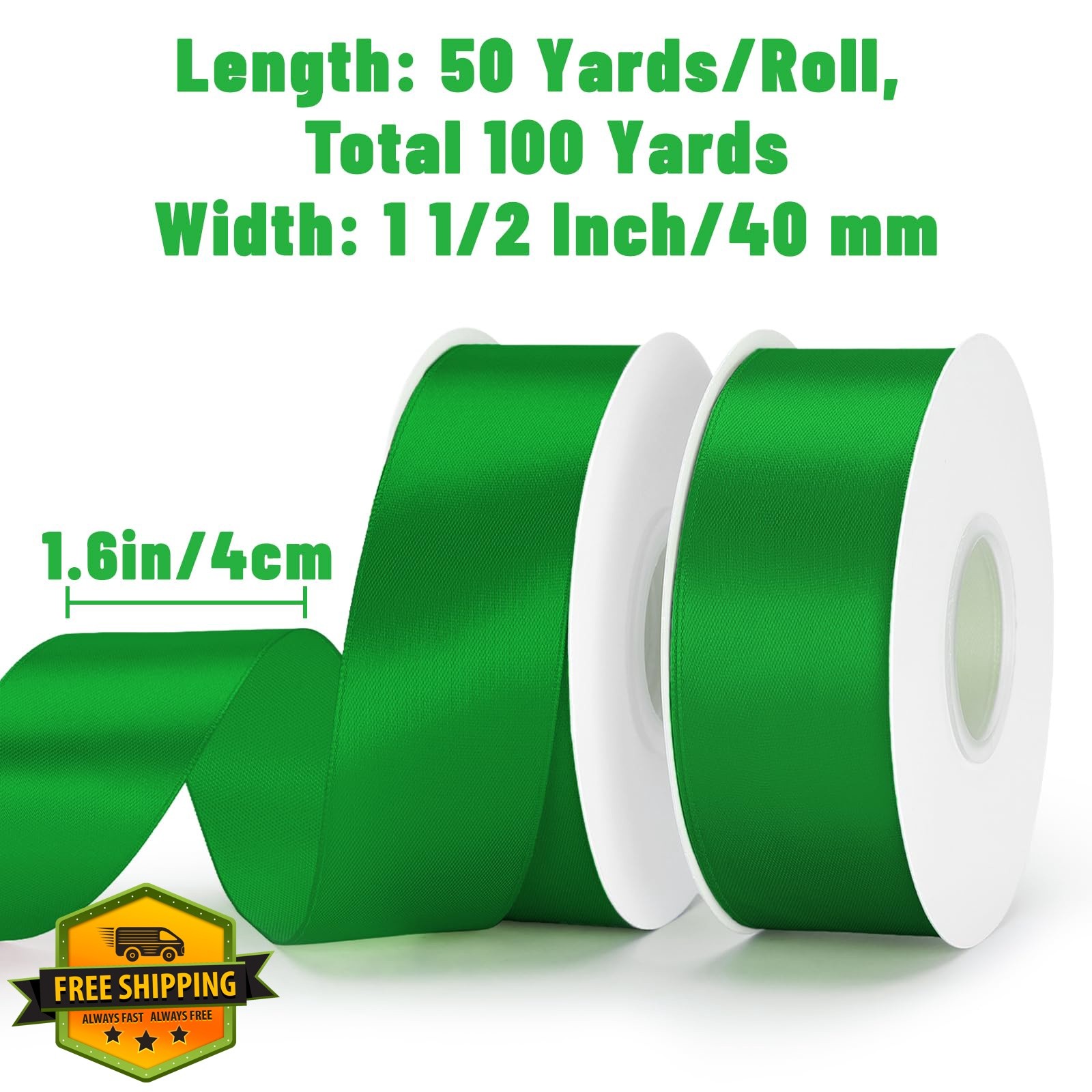 KINGLAKE Kelly Green Satin Ribbon 1.5 Inch 100 Yards