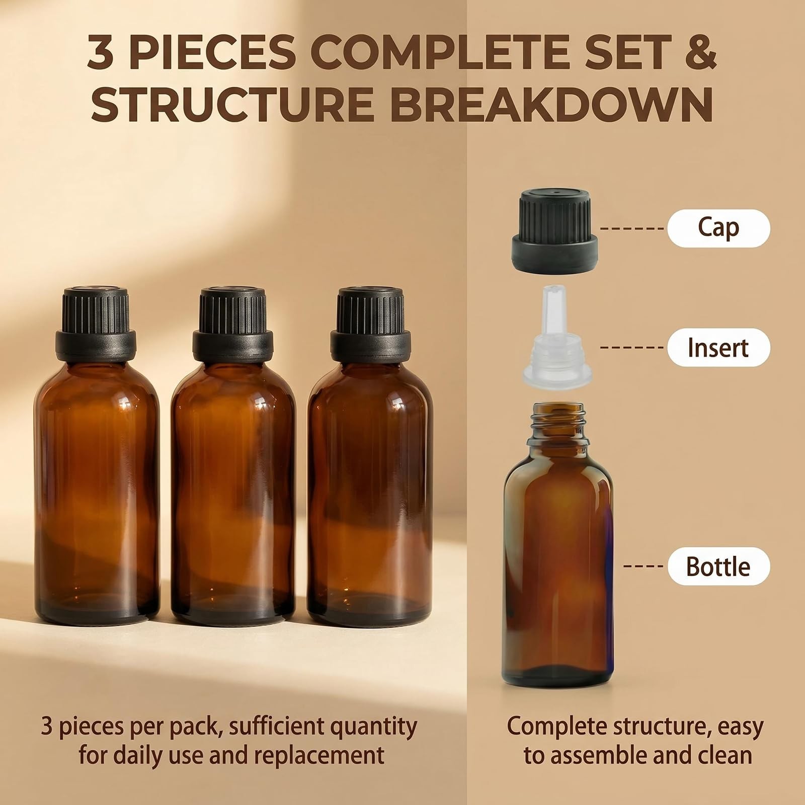 3PCS 100ML Empty Amber Glass Essential Oil Bottles 100ml/3.4 Ounce, amber
