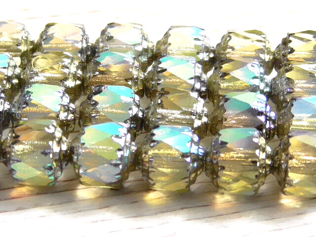 10 – 8mm CZECH PALE JONQUIL YELLOW AB FACETED CATHEDRAL GLASS BEADS YELLOW ENDS