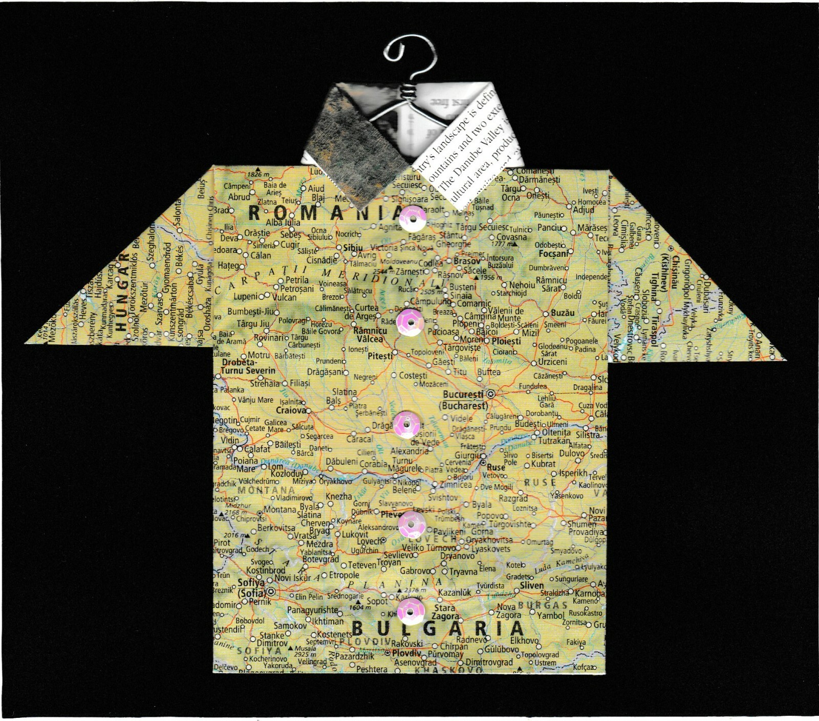 Origami Map Shirt Romania, Bulgaria, Bucharest, Sofia, Focsani, Sibiu, Plovdiv