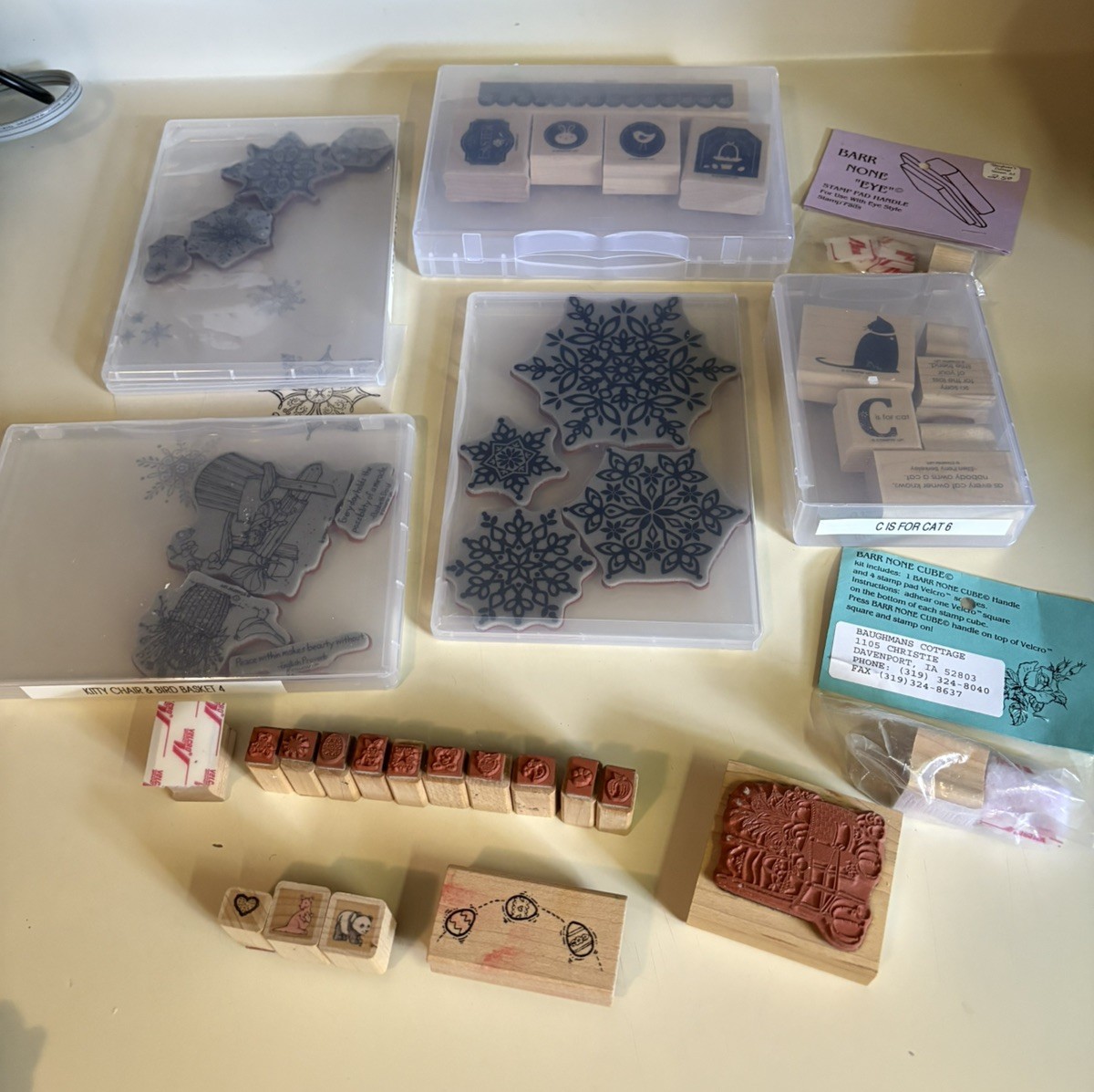 38 Assorted Rubber Stamps With 4 None Cubes, 3 Color Box Ink Cubes. **See Pics