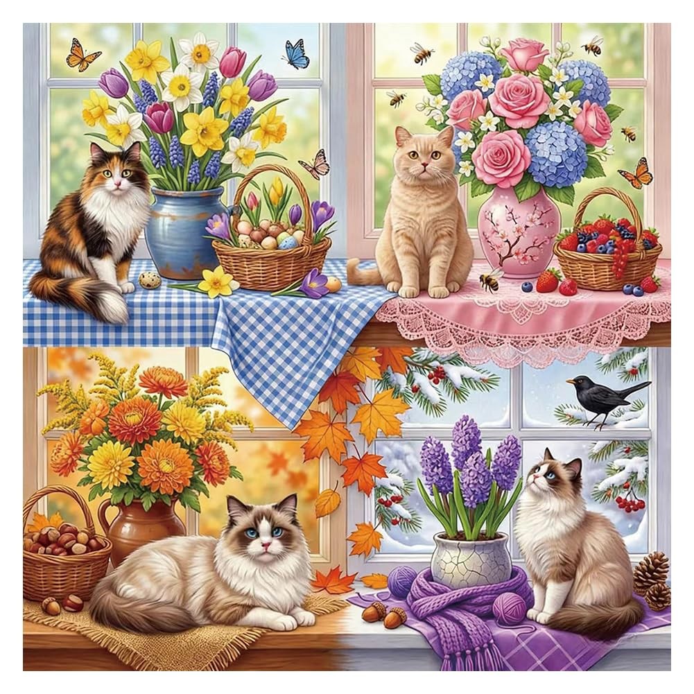 All Seasons Cat Diamond Art Painting Kits for Adults, Diamond Art Kits for Be…