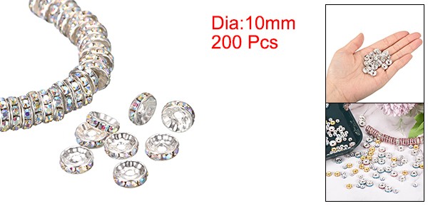 200Pcs 10mm Rondelle Spacer Beads, Silver Plated for DIY Bracelet, AB White