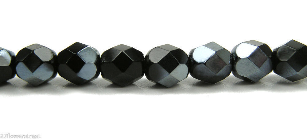 Czech Fire Polished Round Faceted Beads in Jet Viridian half coated, 16″ strand