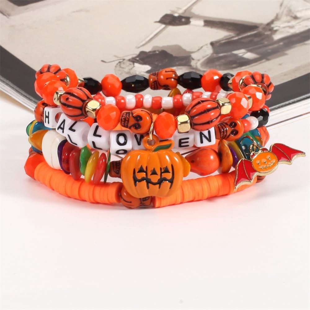 Halloween Bracelet Set Stack Spooky BOO Vinyl Disc Bead Artificial Crystal Stret