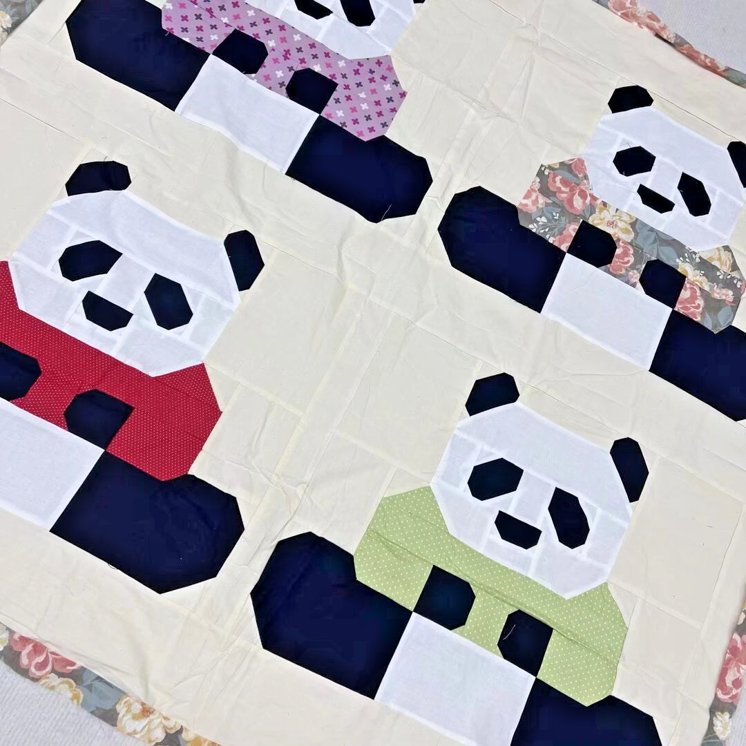 Handmade Original Panda Baby Quilt Top 45×45″ Pieced~ BABY/BED/Wall Decor