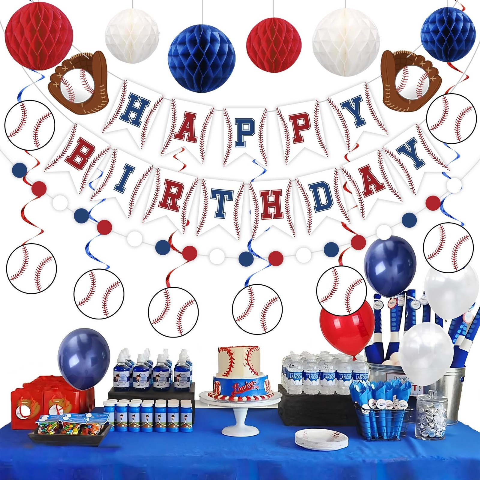Baseball Party Decorations Happy Birthday Banner Baseballs Honeycomb Balls Ha…