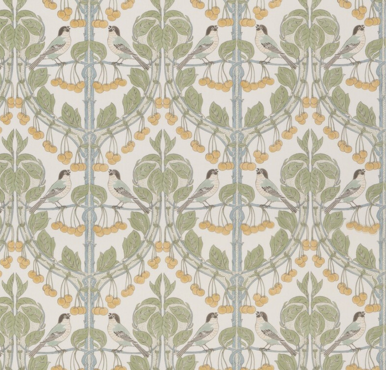 GP & J BAKER CURTAIN FABRIC DESIGN Birds & Cherries 5.8 METRES AQUA 100% COTTON