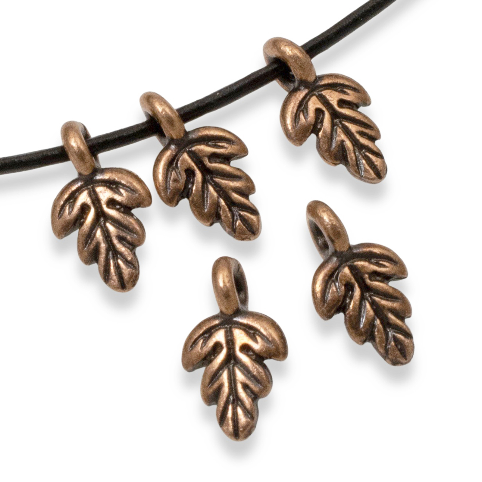 5 Petite Antique Copper Oak Leaf Charms – Detailed & Large Hole for Cord