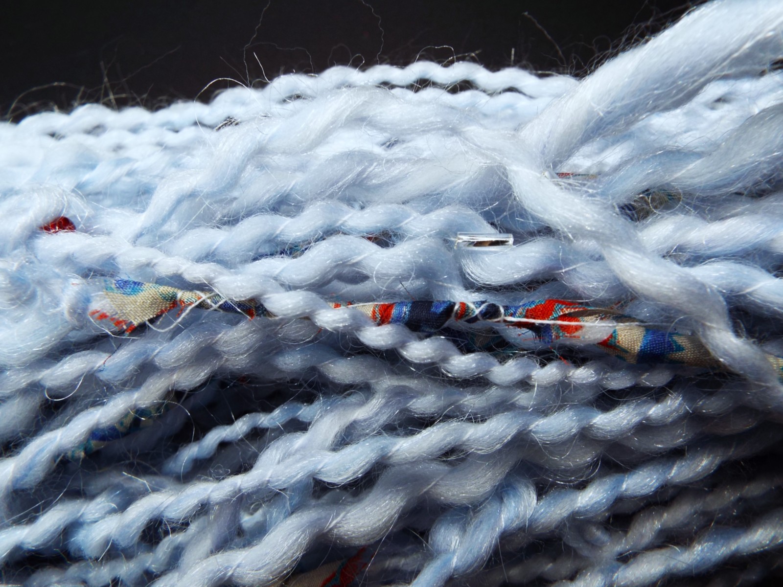 Light Blue ~ Red Beads ~ Silver Bugle Beads ~ Wool& Acrylic ~ Silk Fabric