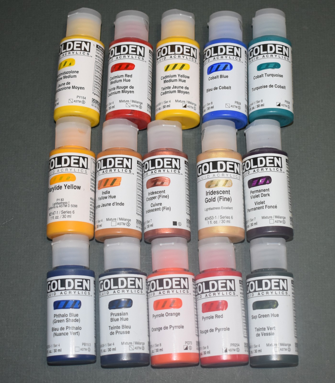 LOT OF 15 Different Bottles Golden Fluid Acrylics – 1 oz Bottles Retail $119.76