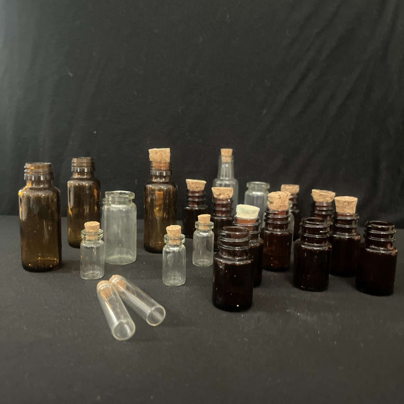 Bulk Lot 24 Mini Glass Bottles Vials Cork Top Apothecary Amber Clear Craft DIY