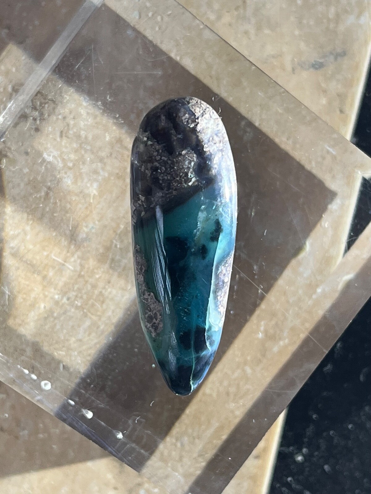 Needles Blue Agate 23.7 Cab in Rhyolite Porphyry Pear tear drop Blue Danube , AZ