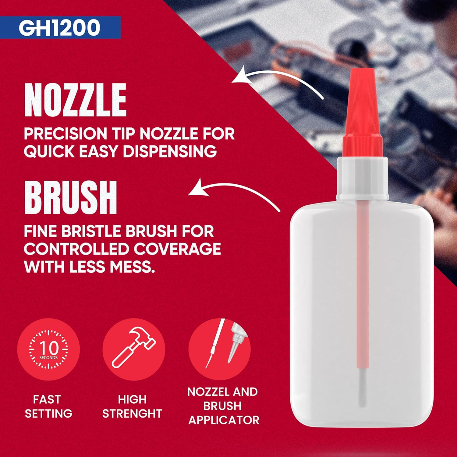 (2-In-1) Super Glue with Brush Applicator & Nozzle, Mess Free Superglue Brush