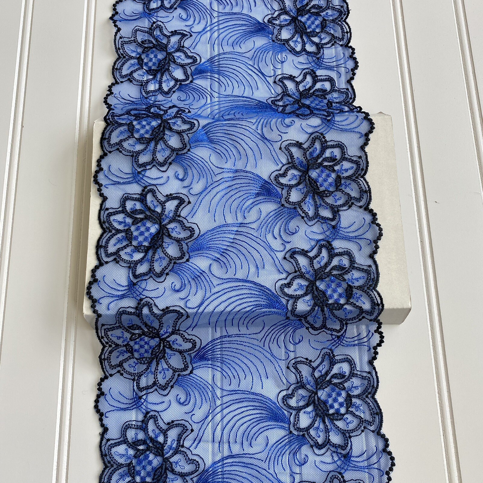Royal Blue & Black Embroidered Double-edged Lace Trim /Sewing/Crafts/7.5″ Wide