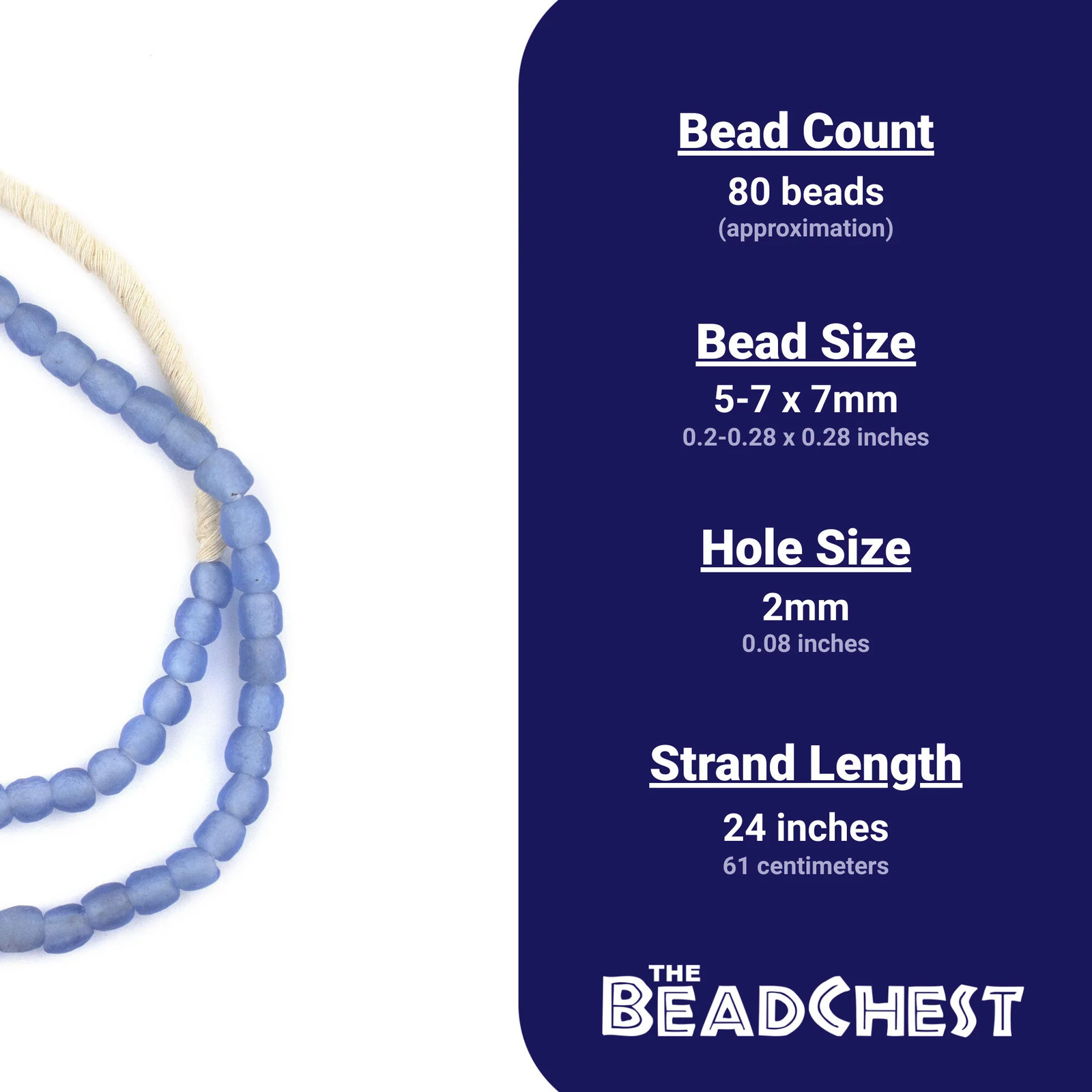 Blue Recycled Glass Beads 7mm Ghana African Sea Glass Round Large Hole Handmade