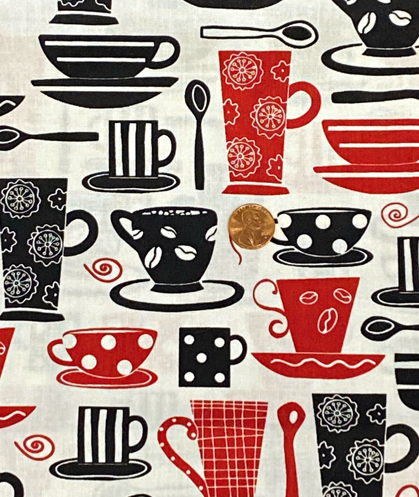 12″ x 30″ Remnant Red & Black Tea Cups on White Cotton Fabric by Blank Quilting