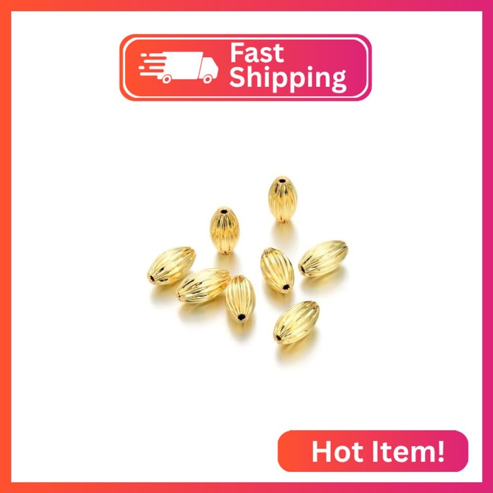 200pcs Sparkle 18K Yellow Gold Plated Corrugated Oval Melon Beads 7x4mm