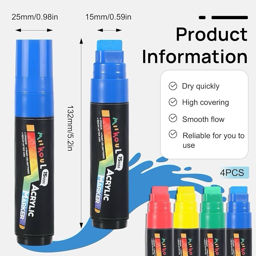 (2 Box 8 Pcs) 4 Jumbo Markers – Red, Yellow, Green, Blue – for Rock, Wood, Glass