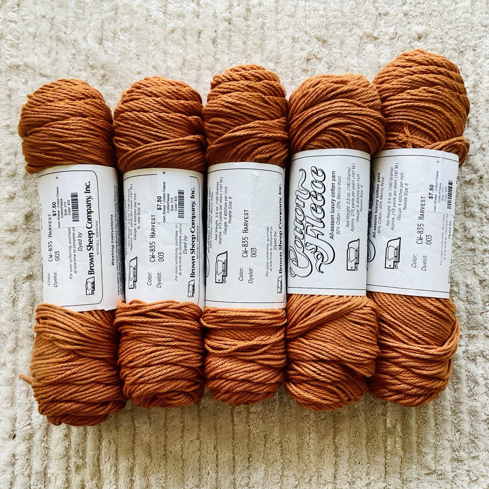 Lot Of 5 Brown Sheep Company Cotton Fleece yarn burnt orange Harvest Wool Cotton