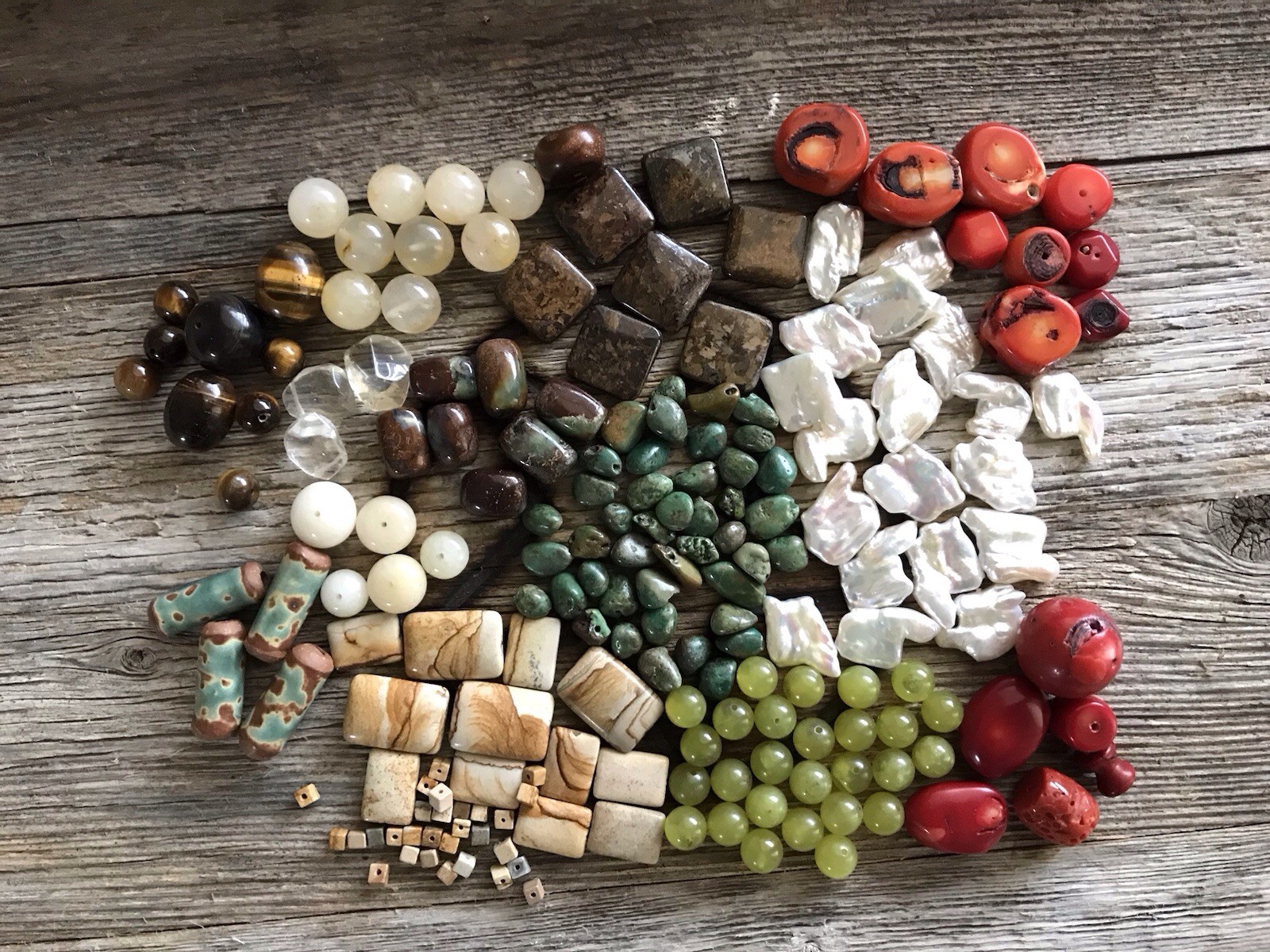 Lot Beads Stones Coral Turquoise Citrine Baroque Pearls Tiger’s Eye Chrysoprase