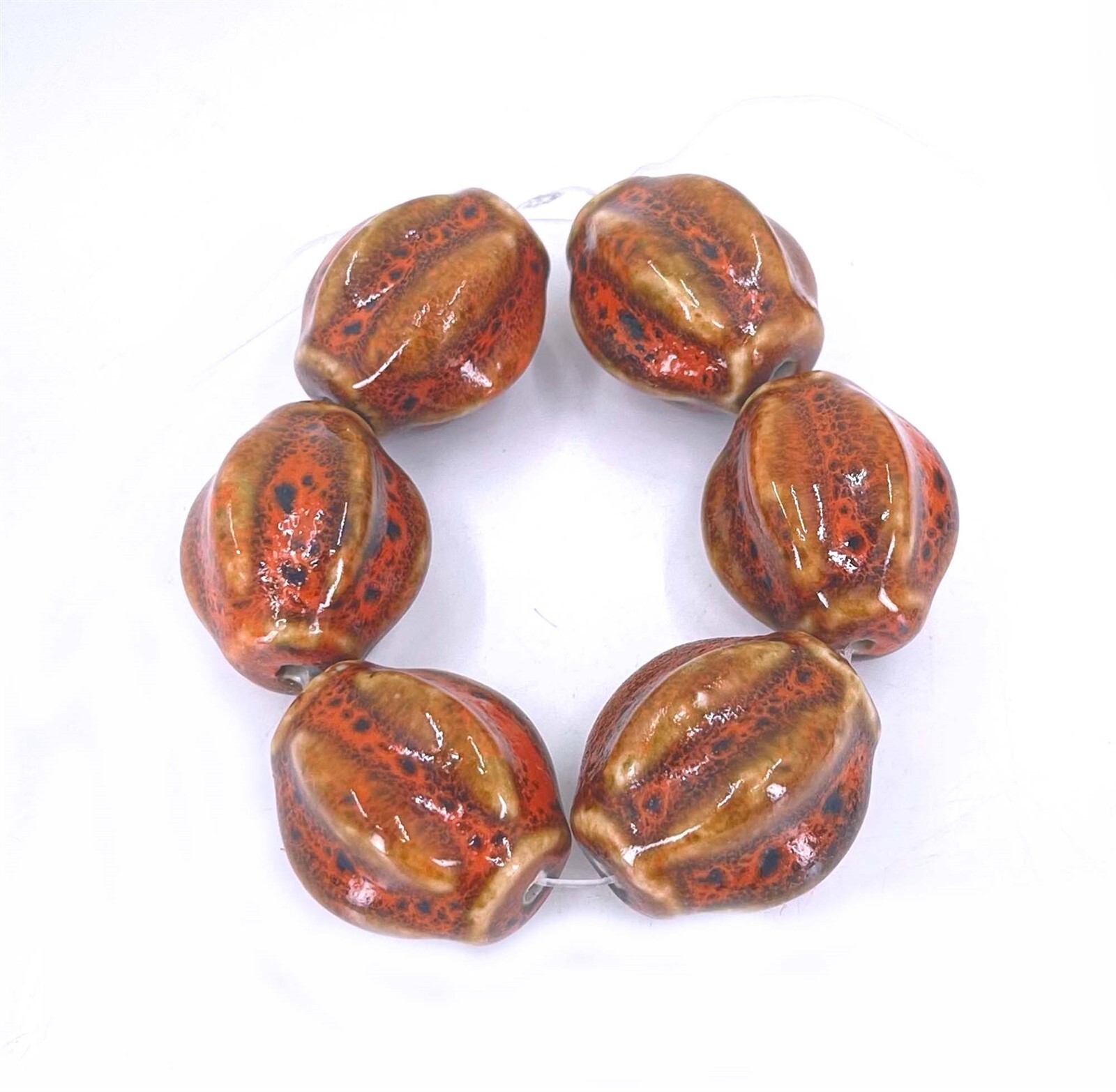 4 large Fancy Antique Glazed Clay Porcelain Ceramic Orange Pumpkin Melon Beads