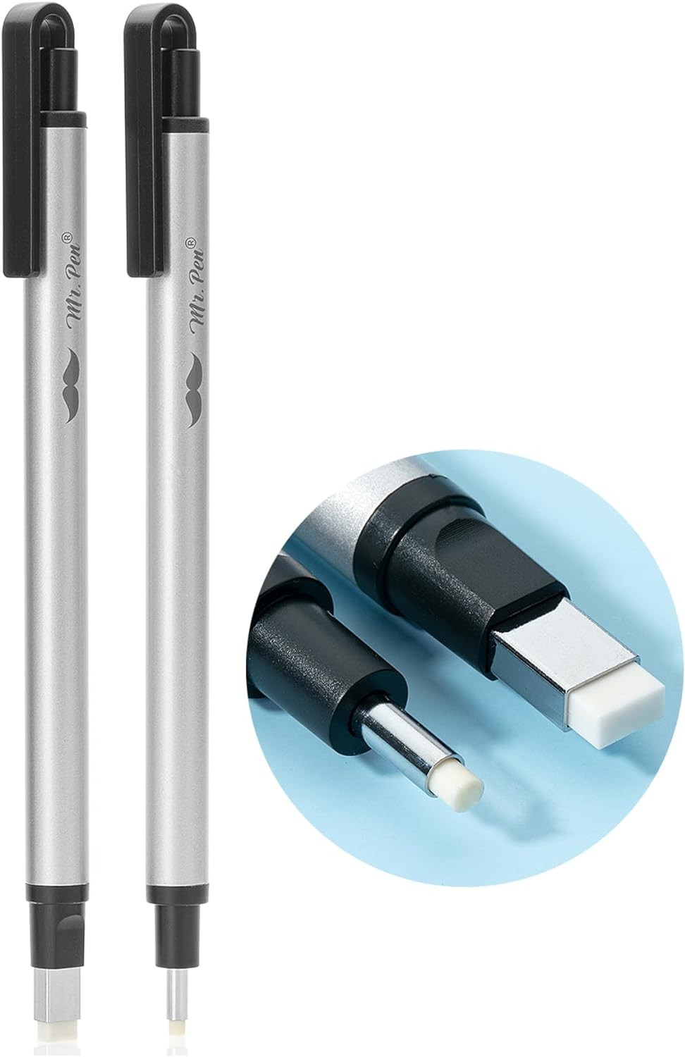 – Pen Style Eraser, 2 Pack, Square & round Tip, Eraser Silver