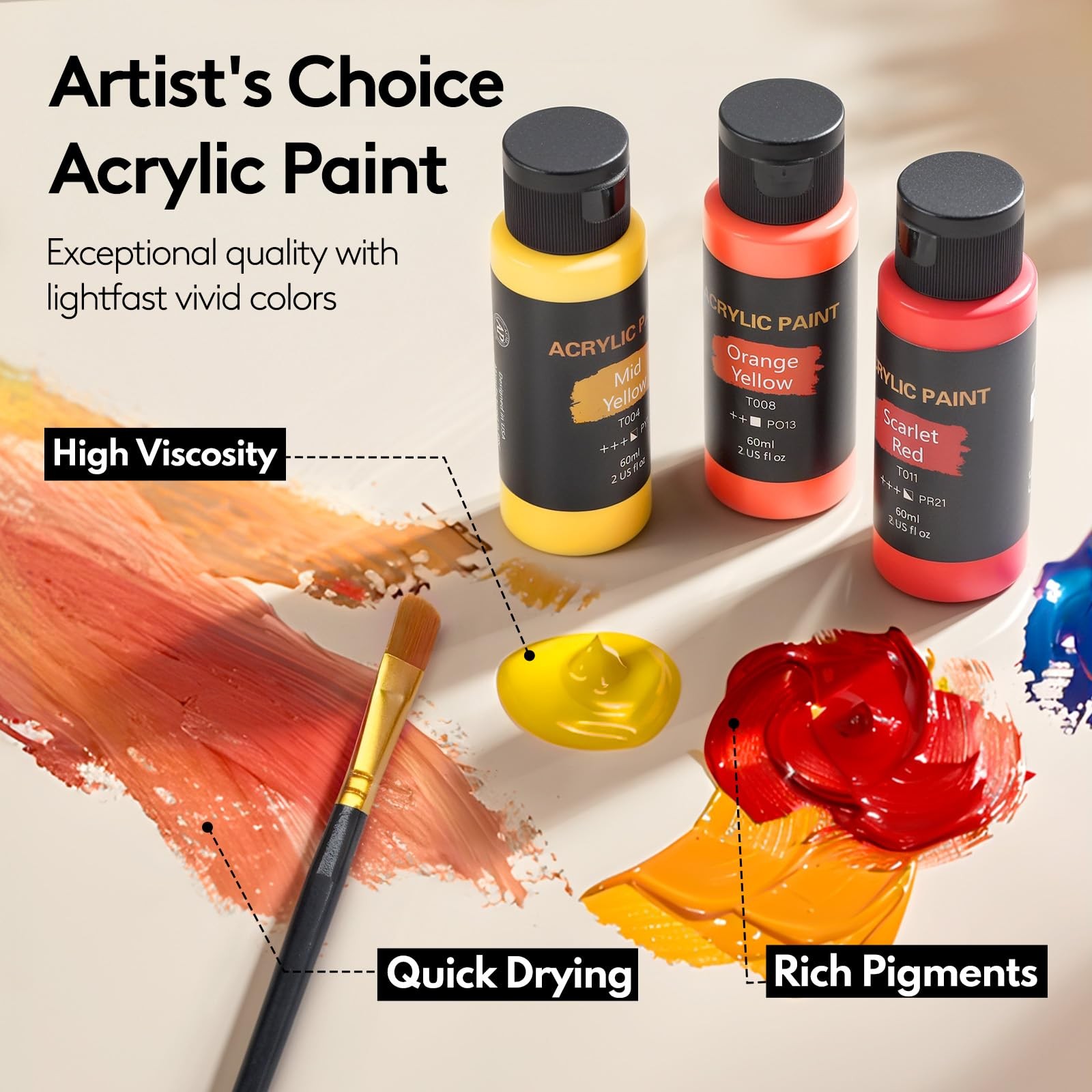 TMOL Acrylic Paint Set, 24 Colors (2 oz/Bottle)with 12 Art Brushes, Art Supplies